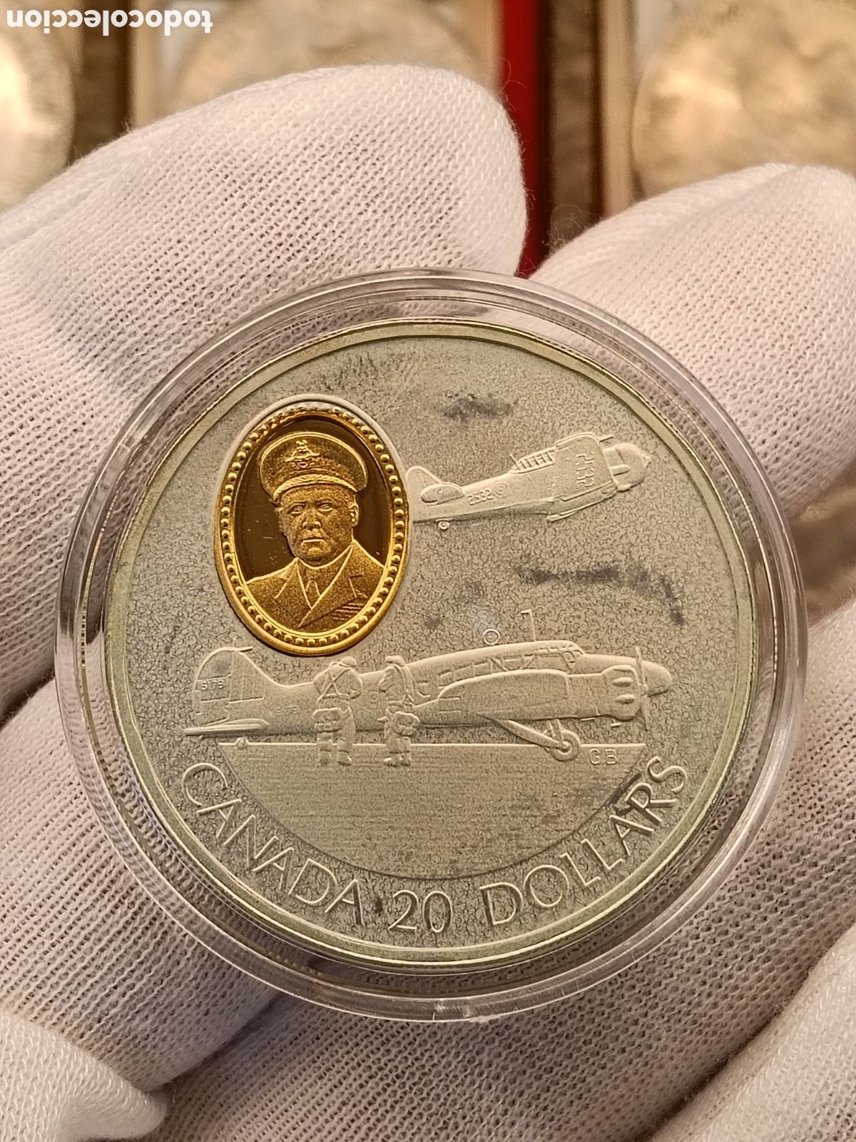 Monedas antiguas de Am&eacute;rica: CANADA 20 DOLARES . A&Ntilde;O 1990. SERIE AVIACION. 1 ONZA DE PLATA LEY 925 mm. CAMAFEO DE ORO 24 KILATES