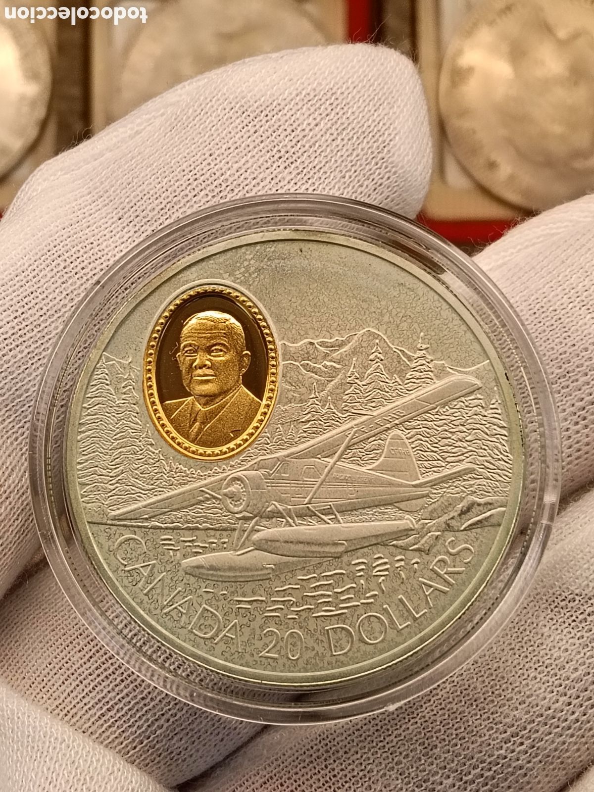Monedas antiguas de Am&eacute;rica: CANADA 20 DOLARES . A&Ntilde;O 1991. SERIE AVIACION. 1 ONZA DE PLATA LEY 925 mm. CAMAFEO DE ORO 24 KILATES
