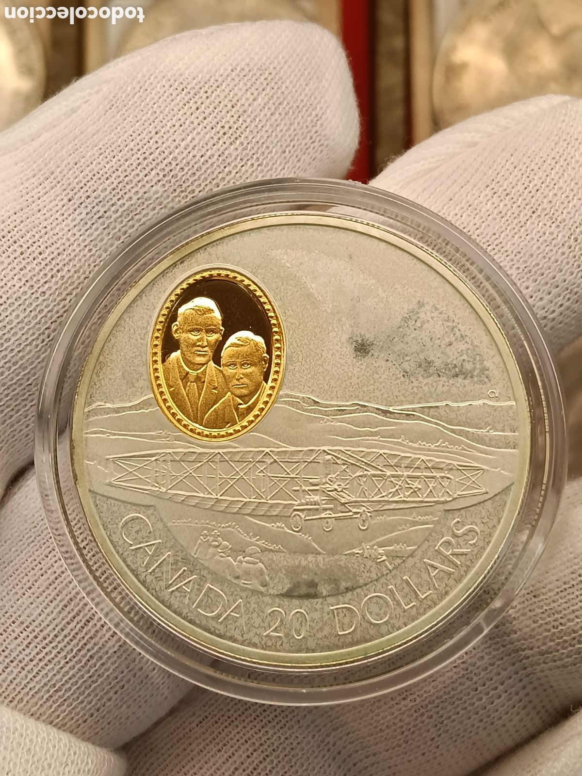 Monedas antiguas de Am&eacute;rica: CANADA 20 DOLARES . A&Ntilde;O 1991. SERIE AVIACION. 1 ONZA DE PLATA LEY 925 mm. CAMAFEO DE ORO 24 KILATES