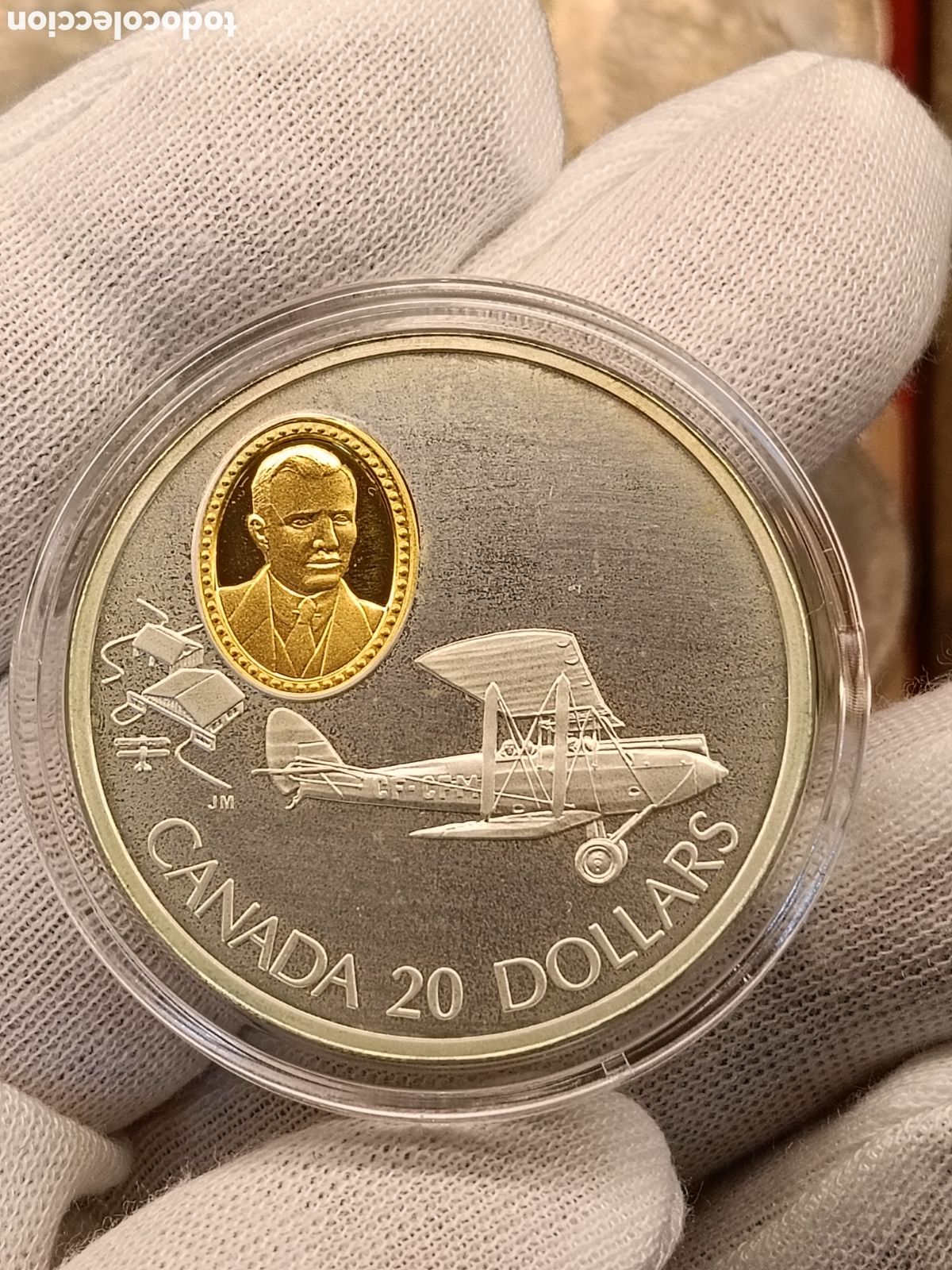 Monedas antiguas de Am&eacute;rica: CANADA 20 DOLARES . A&Ntilde;O 1992. SERIE AVIACION. 1 ONZA DE PLATA LEY 925 mm. CAMAFEO DE ORO 24 KILATES