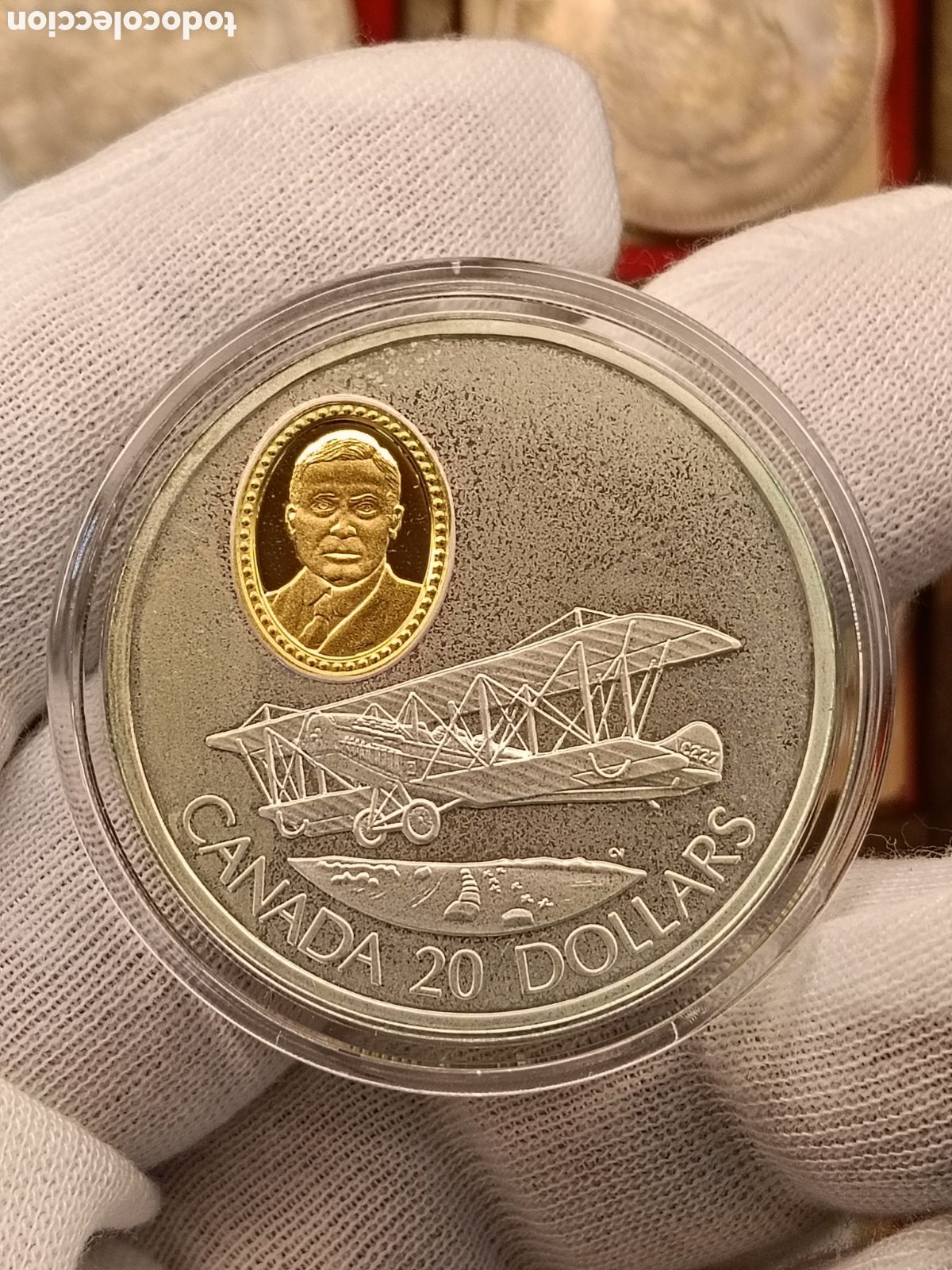Monedas antiguas de Am&eacute;rica: CANADA 20 DOLARES . A&Ntilde;O 1992. SERIE AVIACION. 1 ONZA DE PLATA LEY 925 mm. CAMAFEO DE ORO 24 KILATES