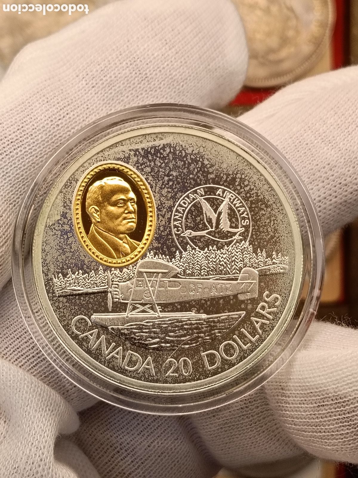 Monedas antiguas de Am&eacute;rica: CANADA 20 DOLARES . A&Ntilde;O 1993. SERIE AVIACION. 1 ONZA DE PLATA LEY 925 mm. CAMAFEO DE ORO 24 KILATES