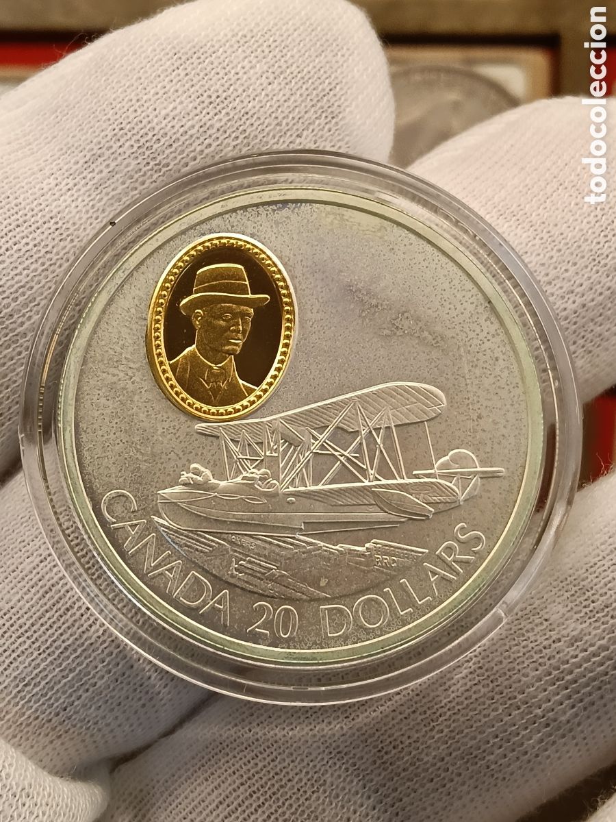 Monedas antiguas de Am&eacute;rica: CANADA 20 DOLARES . A&Ntilde;O 1994. SERIE AVIACION. 1 ONZA DE PLATA LEY 925 mm. CAMAFEO DE ORO 24 KILATES