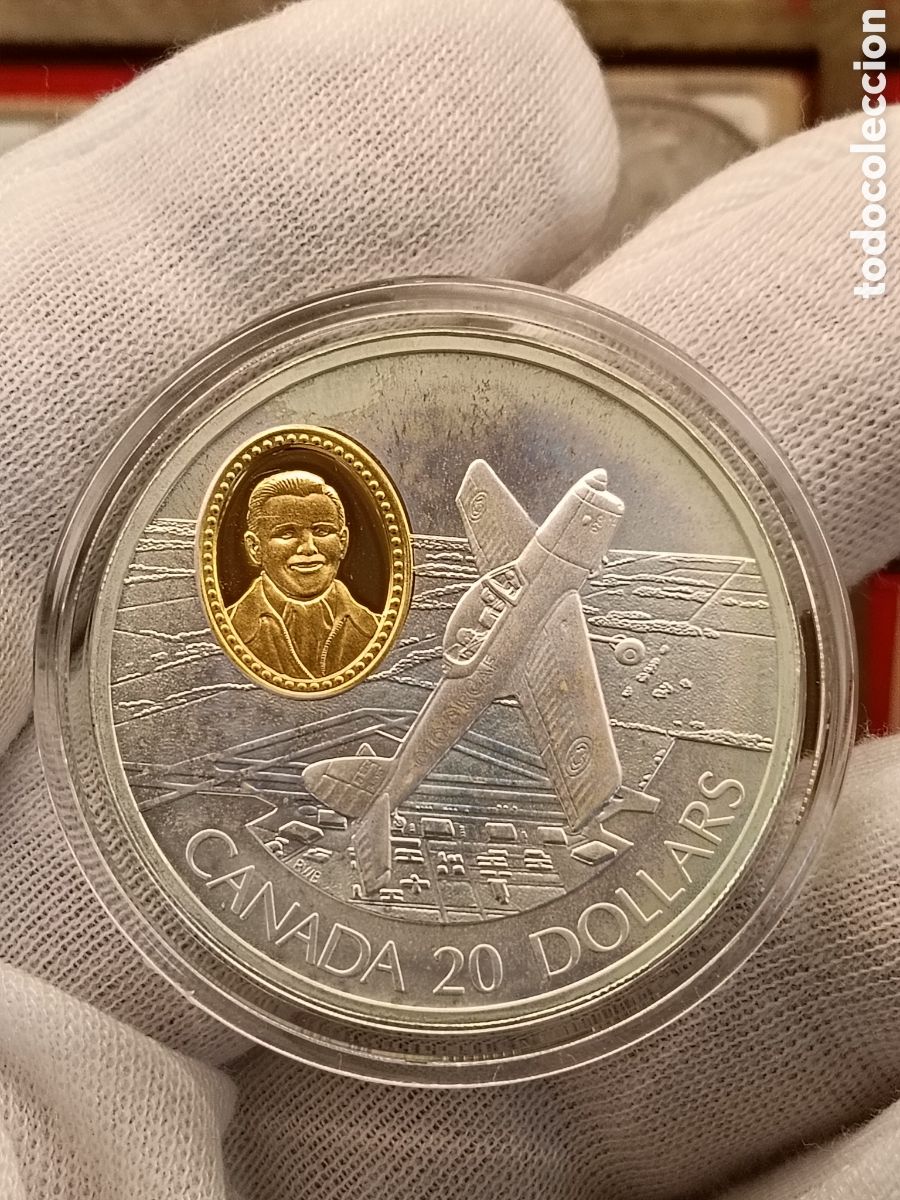 Monedas antiguas de Am&eacute;rica: CANADA 20 DOLARES . A&Ntilde;O 1995. SERIE AVIACION. 1 ONZA DE PLATA LEY 925 mm. CAMAFEO DE ORO 24 KILATES