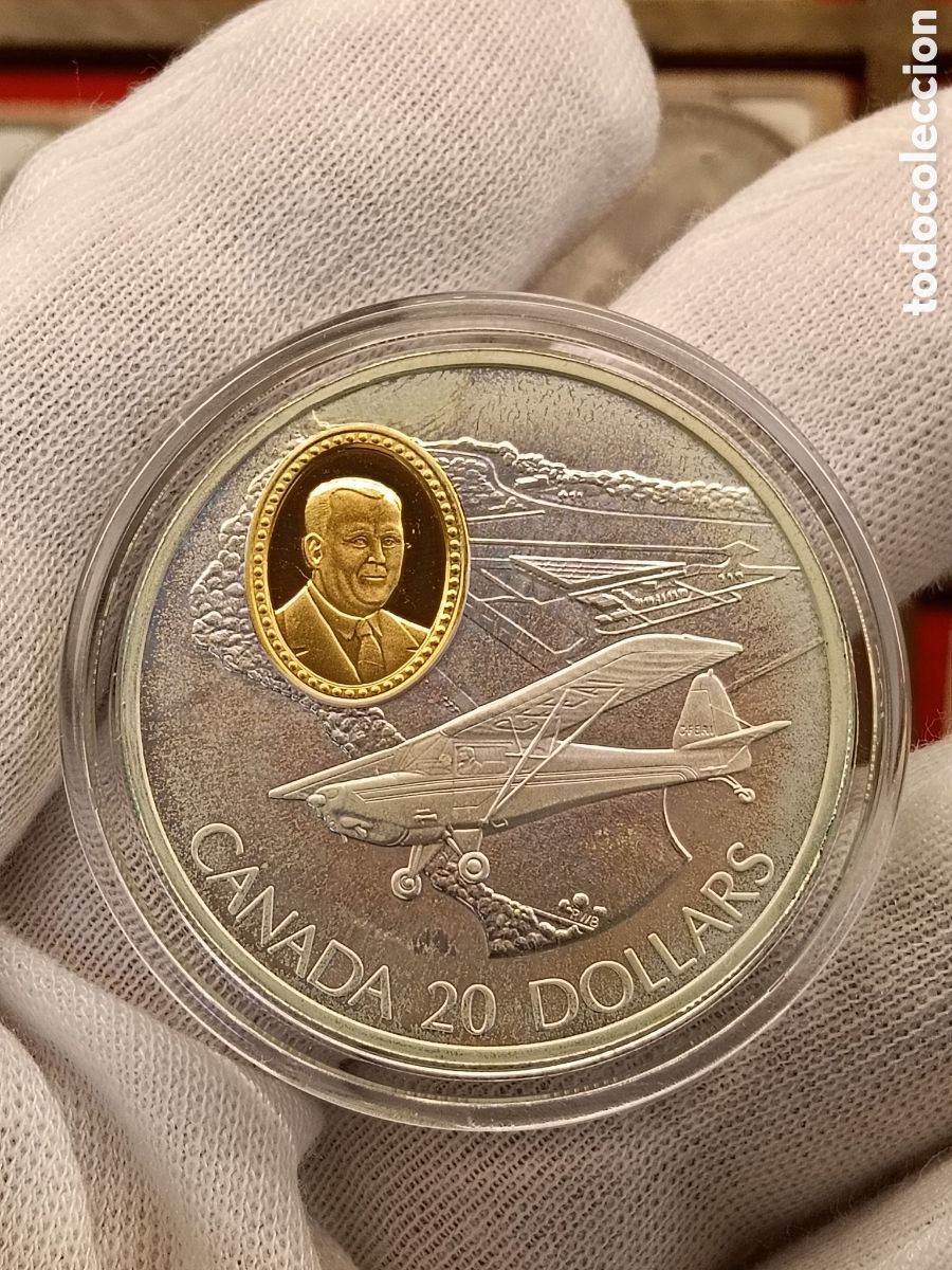 Monedas antiguas de Am&eacute;rica: CANADA 20 DOLARES . A&Ntilde;O 1995. SERIE AVIACION. 1 ONZA DE PLATA LEY 925 mm. CAMAFEO DE ORO 24 KILATES