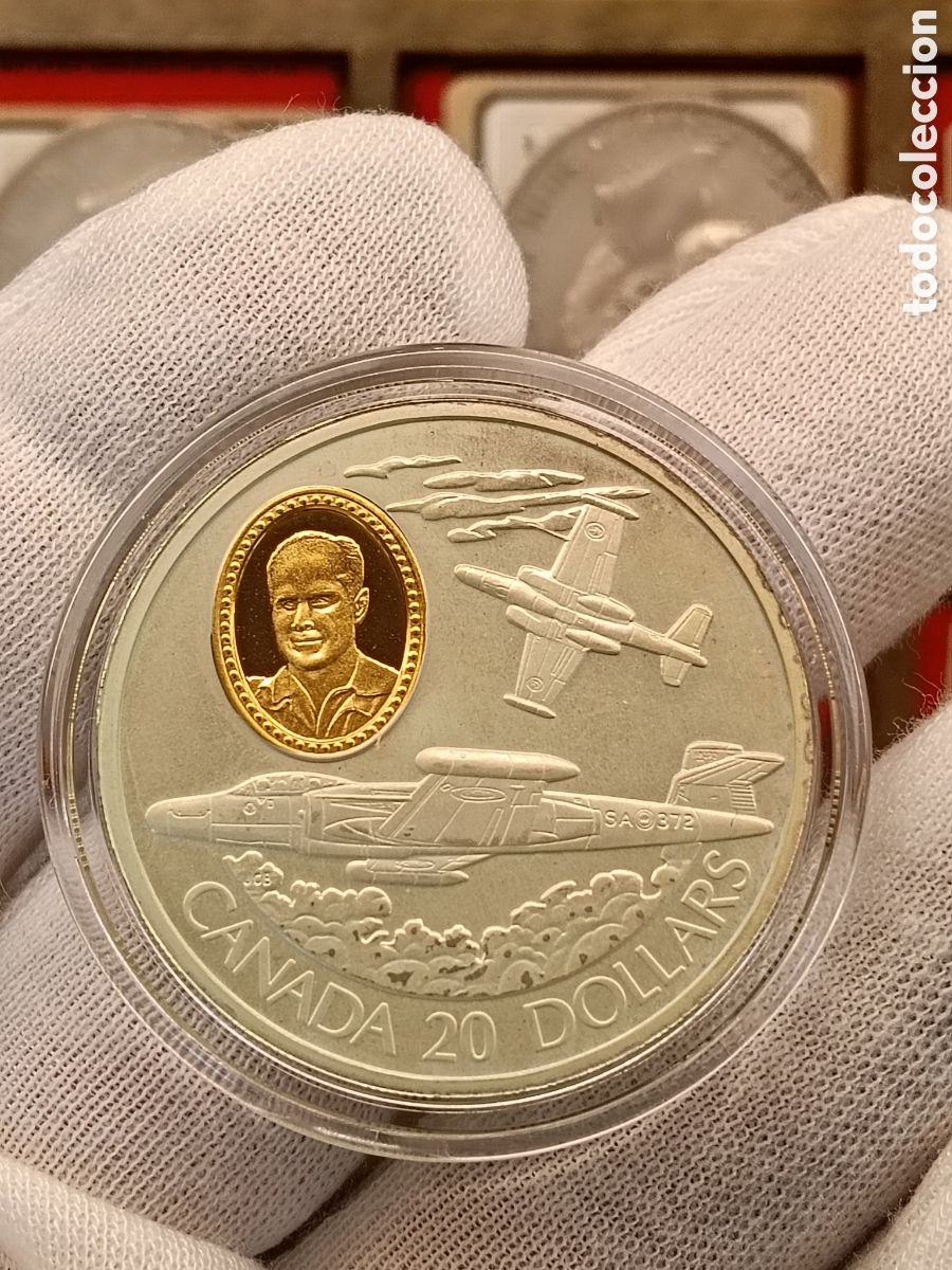 Monedas antiguas de Am&eacute;rica: CANADA 20 DOLARES . A&Ntilde;O 1996. SERIE AVIACION. 1 ONZA DE PLATA LEY 925 mm. CAMAFEO DE ORO 24 KILATES