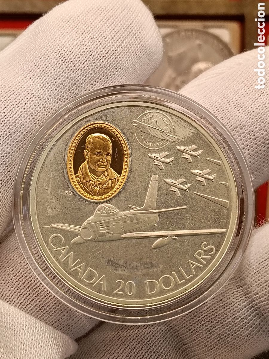 Monedas antiguas de Am&eacute;rica: CANADA 20 DOLARES . A&Ntilde;O 1997. SERIE AVIACION. 1 ONZA DE PLATA LEY 925 mm. CAMAFEO DE ORO 24 KILATES