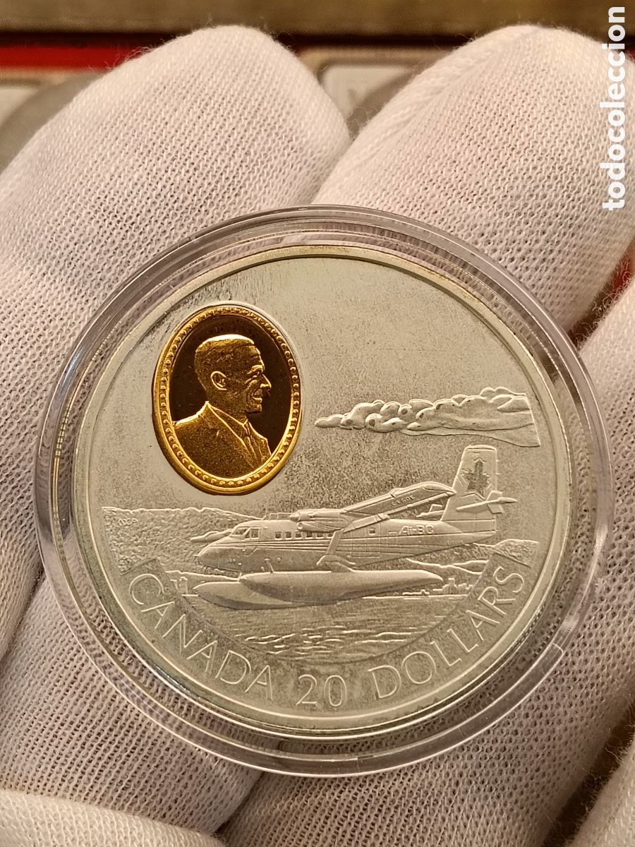 Monedas antiguas de Am&eacute;rica: CANADA 20 DOLARES . A&Ntilde;O 1999. SERIE AVIACION. 1 ONZA DE PLATA LEY 925 mm. CAMAFEO DE ORO 24 KILATES