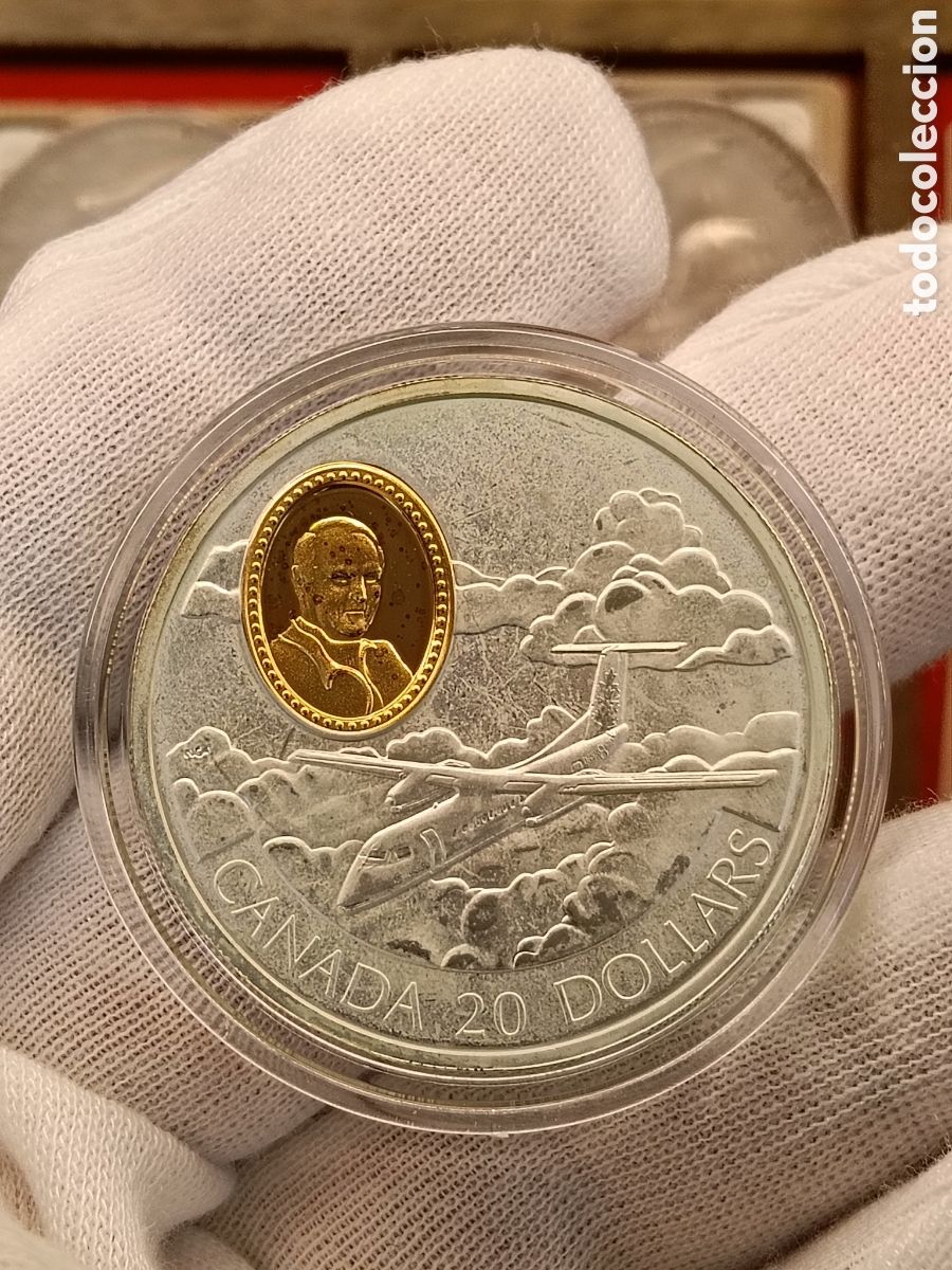 Monedas antiguas de Am&eacute;rica: CANADA 20 DOLARES . A&Ntilde;O 1999. SERIE AVIACION. 1 ONZA DE PLATA LEY 925 mm. CAMAFEO DE ORO 24 KILATES