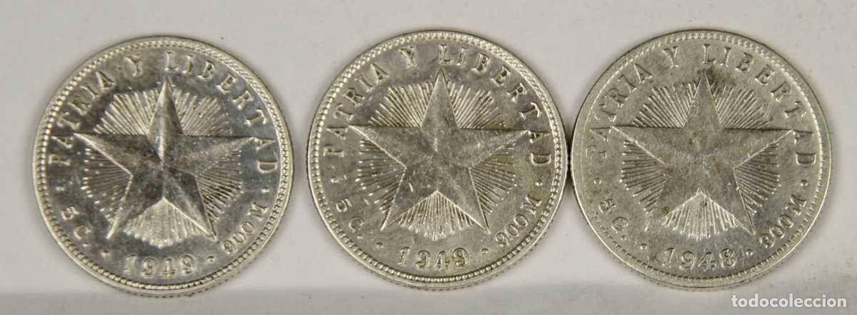 Monedas antiguas de Am&eacute;rica: MO-039. COLECCION DE TRES MONEDAS DE PLATA. REPUBLICA DE CUBA. 20 CENTAVOS. 1948/1949.