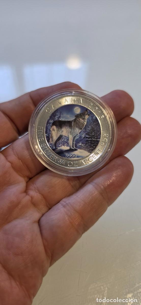Monedas antiguas de Am&eacute;rica: Preciosa moneda Canad&aacute; 3/4 onza plata pura serie lobo