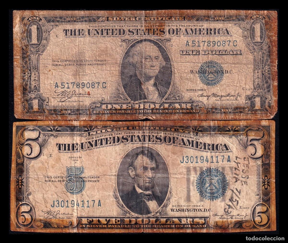 Monnaies anciennes d'Am&eacute;rique: Estados Unidos Set 2 billetes 1 5 D&oacute;lares 1934A 1935A Pick 414Aa 416a Bc F