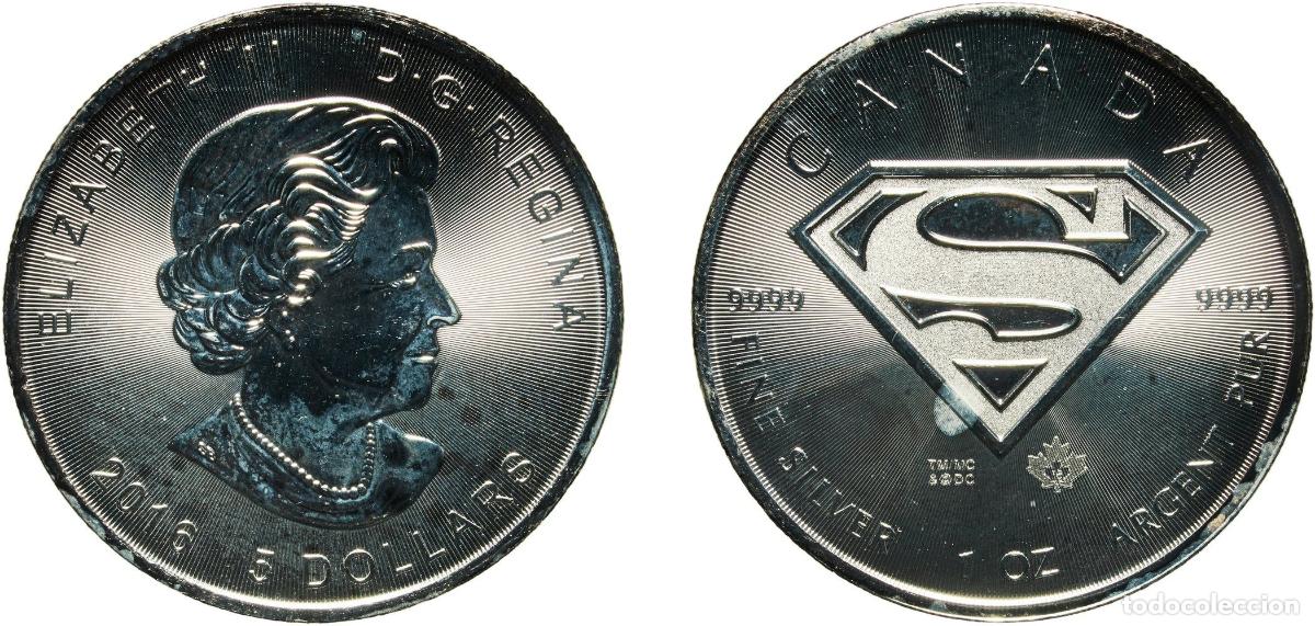 Monedas antiguas de Am&eacute;rica: Canada Commonwealth 2016 5 Dollars - Elizabeth II (Superman S-Shield; 1 oz. Silver Bullion Coinage)