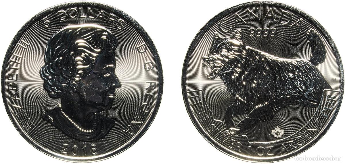 Monedas antiguas de Am&eacute;rica: Canada Commonwealth 2018 5 Dollars - Elizabeth II (1 oz. Silver Bullion Coinage; Wolf) Silver (.999