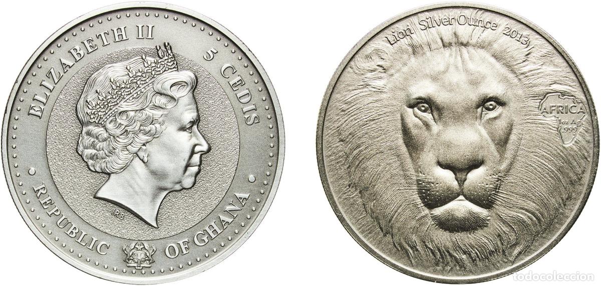 Monedas antiguas de Am&eacute;rica: Ghana Republic 2013 5 Cedis - Elizabeth II (Bullion Coinage - Lion) Silver (.999) MCI Mint (2000) 3