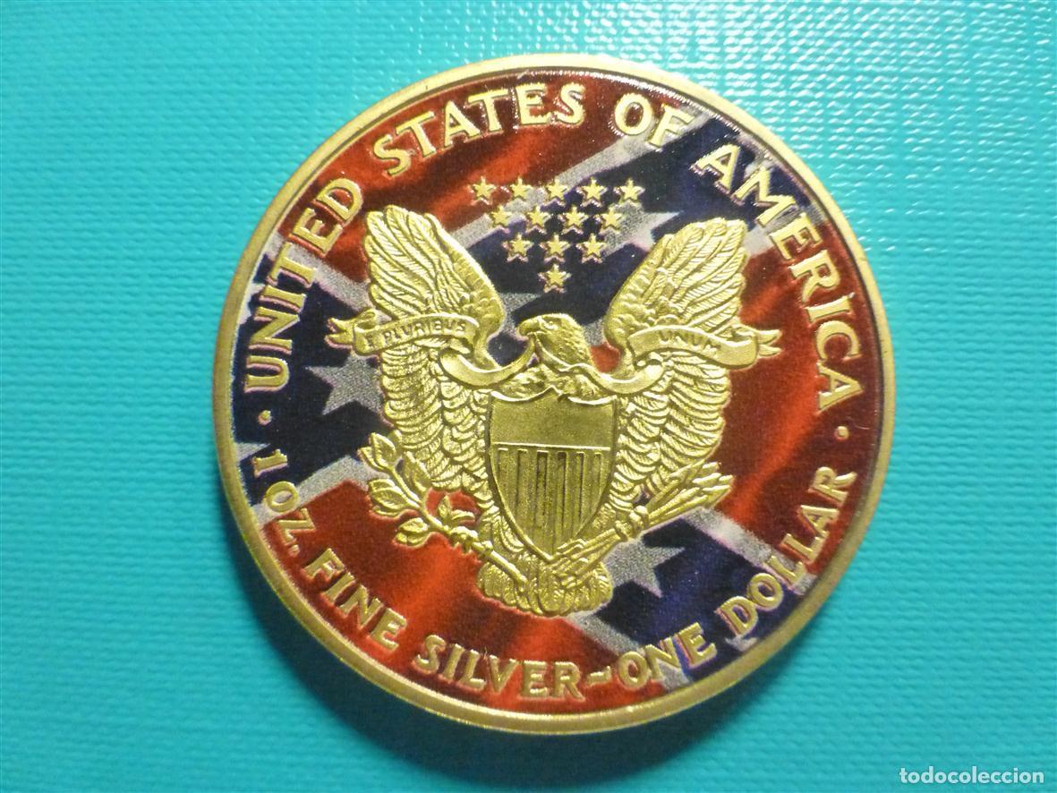 Monedas antiguas de Am&eacute;rica: Moneda One Dollar Plata 2018 USA 1oz Fine Silver, Eagle Liberty - Ba&ntilde;o Oro - Estados Unidos Am&eacute;rica
