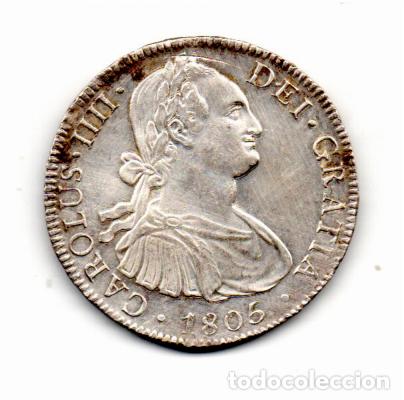 Monedas antiguas de Am&eacute;rica: M&Eacute;XICO 1805, 8 REALES, CARLOS IIII, KM-109, M&Eacute;XICO, AG, 26,79 GR, 896/1000, MBC; 2 FOTOS