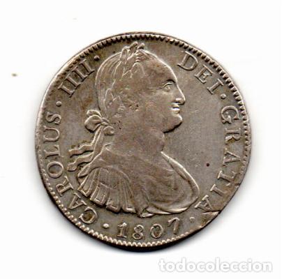 Monedas antiguas de Am&eacute;rica: M&Eacute;XICO 1807, 8 REALES, CARLOS IIII, KM-109, M&Eacute;XICO, AG, 26,90 GR, 896/1000, MBC; 2 FOTOS