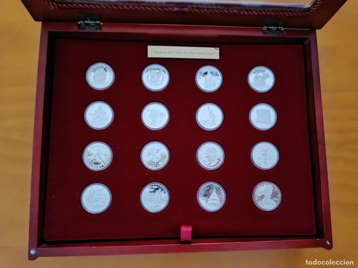 Monedas antiguas de Am&eacute;rica: COLECCI&Oacute;N HISTORIA DEL D&Oacute;LAR DE PLATA AMERICANO. COMPLETA, 16 MONEDAS DE PLATA. ESTUCHE DE MADERA