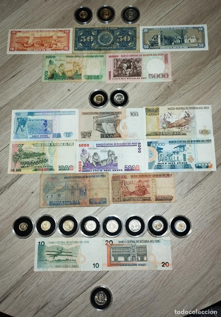 Monedas antiguas de Am&eacute;rica: Lote de 14 monedas y 15 billetes.Peru.
