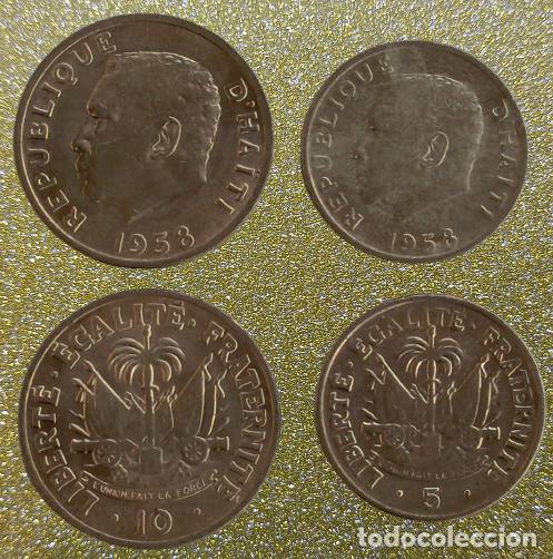 Monedas antiguas de Am&eacute;rica: Hait&iacute; 5 y 10 c&eacute;ntimos monedas en curso 1958 sin circular