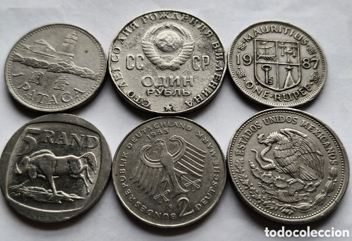 Monedas antiguas de Am&eacute;rica: Lote 6 Monedas Mundiales y Conmemorativas del Siglo XX-URSS,Macao,Sud&aacute;frica,Alemania,Mauricio,Mexico