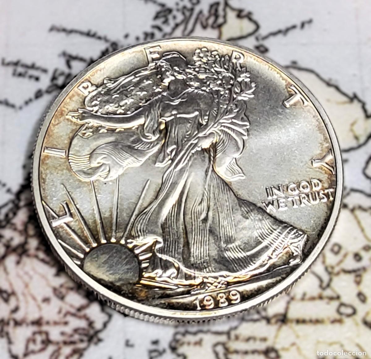 Monedas antiguas de Am&eacute;rica: 1 D&Oacute;LAR de PLATA de ESTADOS UNIDOS de 1989. BRILLANT UNCIRCULATED.1 ONZA PLATA PURA 999.