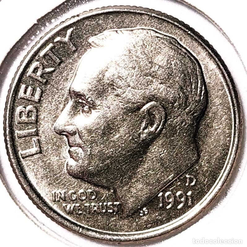 Monedas antiguas de Am&eacute;rica: ESTADOS UNIDOS (1981-) - 10 CENTAVOS 1991 D - ROOSEVELT - ANTORCHA-ROBLE-OLIVO - A - 2,21 GR. COBRE