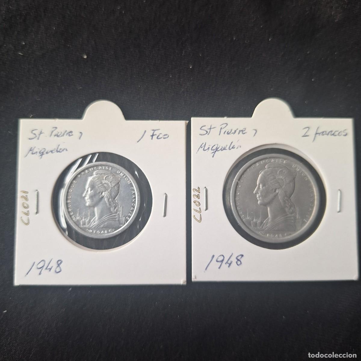 Moedas antigas da Am&eacute;rica: Colonias. Saint Pierre y Miquel&oacute;n franc&eacute;s. 2 monedas
