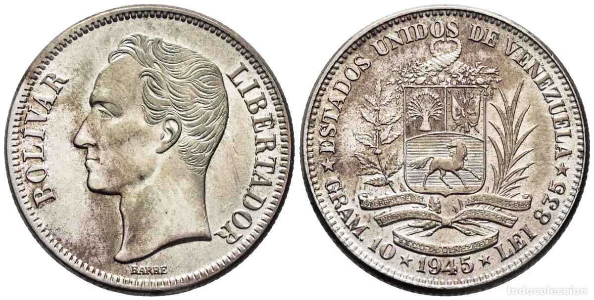 Monedas antiguas de Am&eacute;rica: *** MAGN&Iacute;FICOS 2 BOLIVARES 1945 DE VENEZUELA. PHILADELPHIA. KM#Y23a. PLATA, P&Aacute;TINA ***