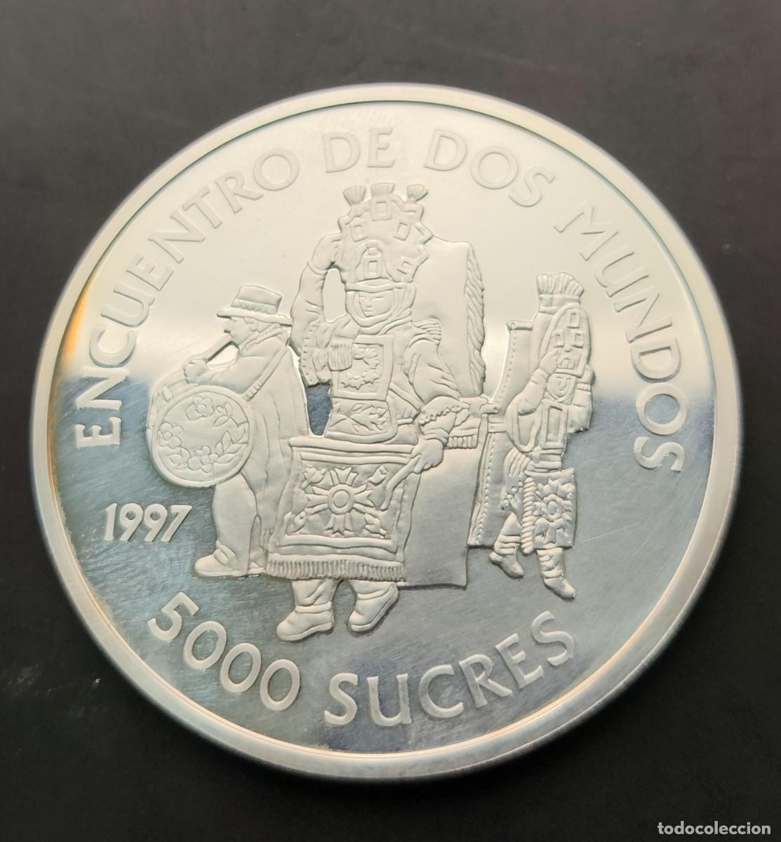 Monedas antiguas de Am&eacute;rica: ECUADOR A&Ntilde;O 1997 , 5000 SUCRES PLATA (925) 2 ENCUENTRO ENTRE DOS MUNDOS &rdquo;