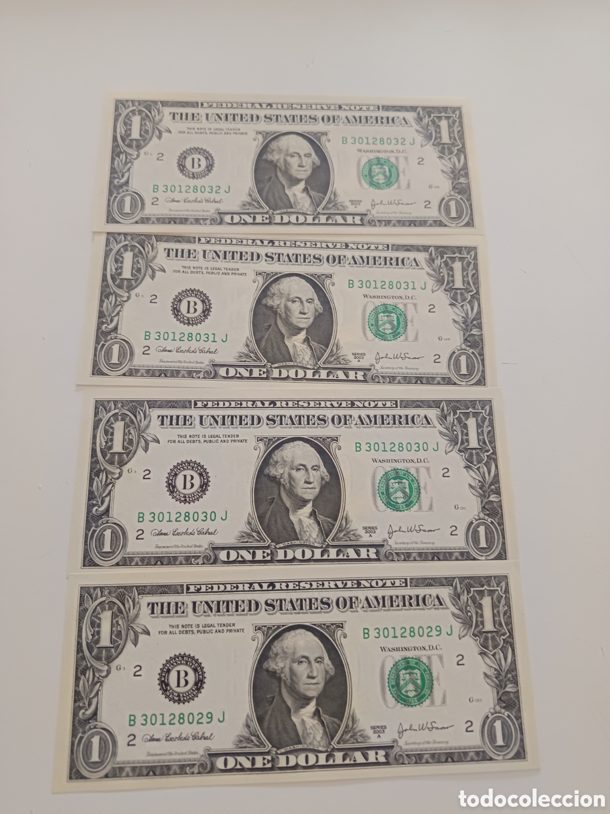 Monedas antiguas de Am&eacute;rica: 4 Billetes de 1 Dolar. EEUU. Nuevos y serie correlativa