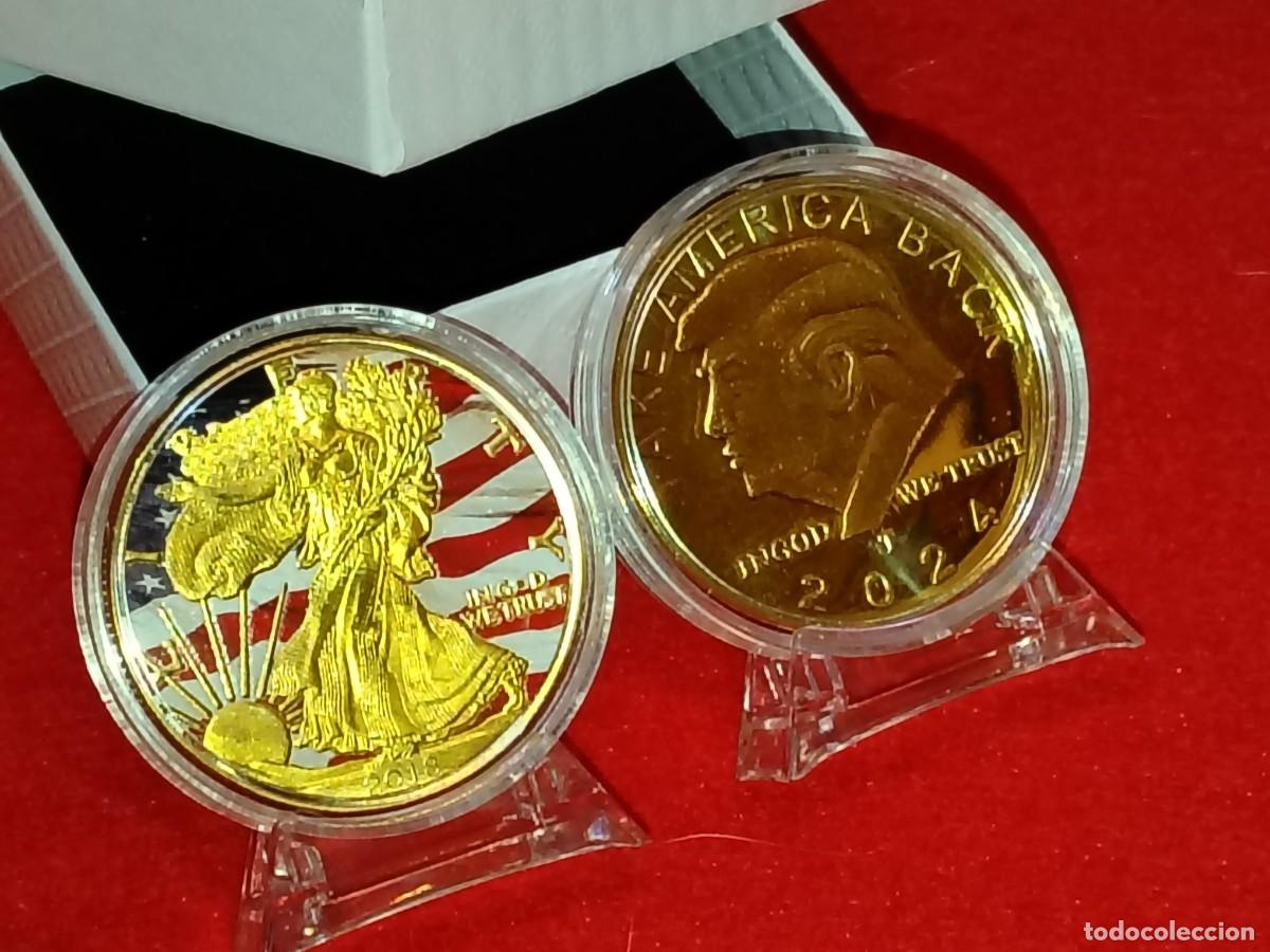 Moedas antigas da Am&eacute;rica: COLECCI&Oacute;N GOLD, MEDALLA DONALD TUMP 2024 + LIBERTY 2018 ONE DOLLAR AMERICA