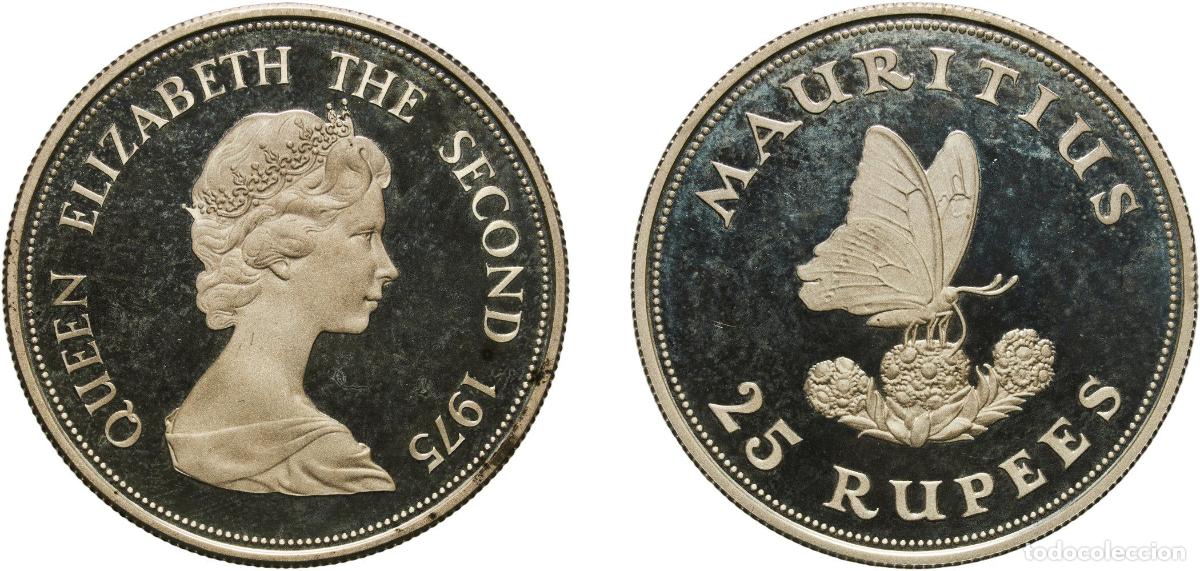 Monedas antiguas de Am&eacute;rica: Mauritius British crown colony 1975 25 Rupees - Elizabeth II (Conservation) Silver (.925) Royal Min