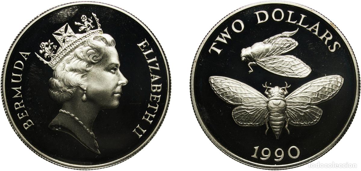 Monedas antiguas de Am&eacute;rica: Bermuda British Overseas Territory 1990 2 Dollars - Elizabeth II (Cicada insects) Silver (.925) Roy