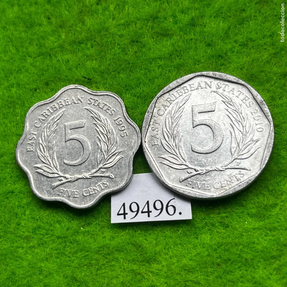 Monedas antiguas de Am&eacute;rica: Caribe Este Brit&aacute;nico lote 2 monedas 5 c&eacute;ntimos, distintos tipos, canto festoneado y liso