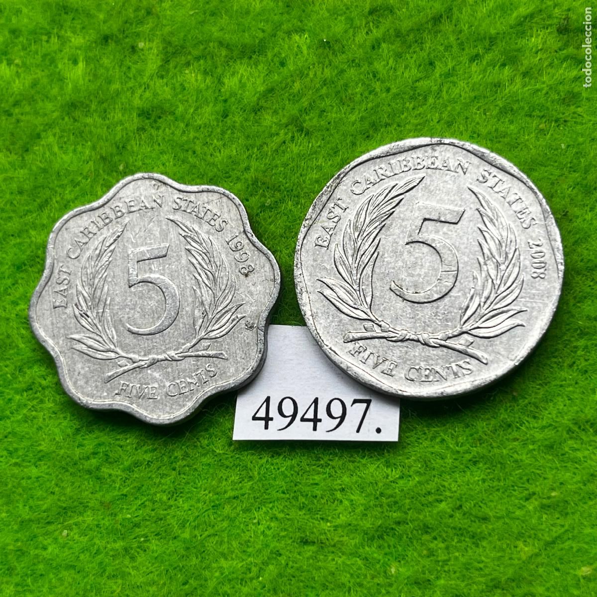 Monedas antiguas de Am&eacute;rica: Caribe Este Brit&aacute;nico lote 2 monedas 5 c&eacute;ntimos, distintos tipos, canto festoneado y liso