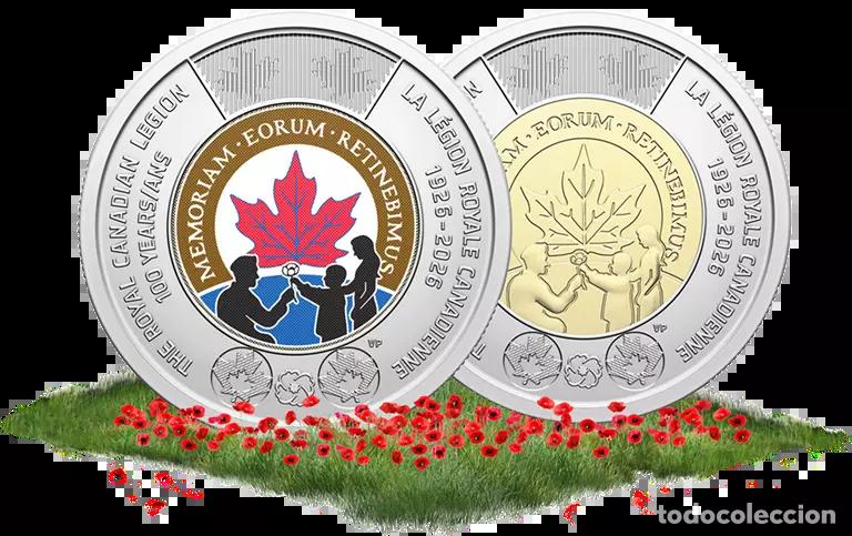 Monedas antiguas de Am&eacute;rica: Canad&aacute; 2 d&oacute;lares PAREJA , 2026 100 Aniversario del Royal Canadian Legion COLOR + SIN COLOR