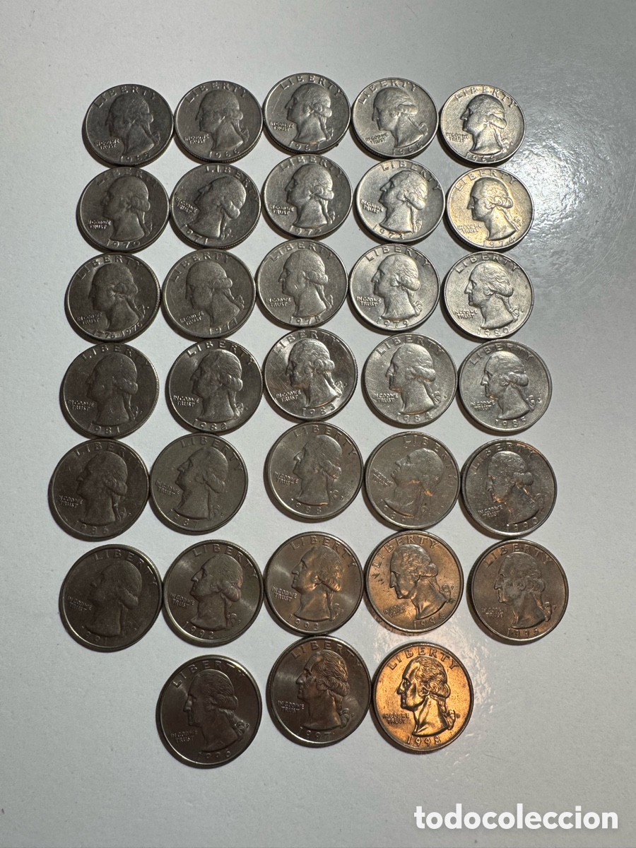 Monedas antiguas de Am&eacute;rica: Lote 33 quarter dollar 1/4 dolar 1965-1998. Todos los a&ntilde;os emitidos.
