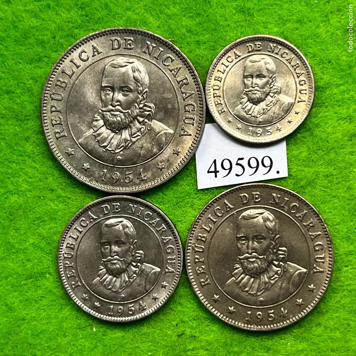 Monedas antiguas de Am&eacute;rica: Nicaragua 5, 10, 25 y 50 centavos 1954, lote 4 monedas, c&eacute;ntimos