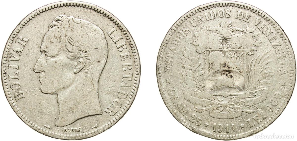 Monedas antiguas de Am&eacute;rica: Venezuela United States 1911 5 Bol&iacute;vares Silver (.900) (Copper .100) Paris Mint 24.4g VF Y 24.1 Y