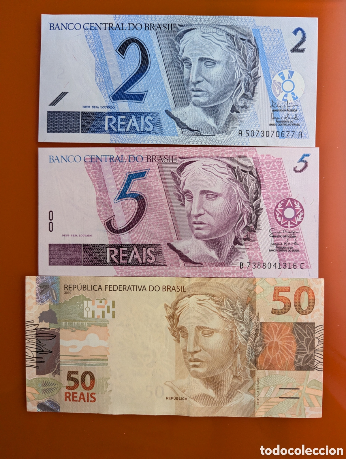 Moedas antigas da Am&eacute;rica: Brasil 2, 5 y 50 reais SC
