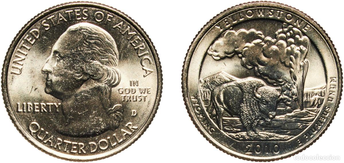 Moedas antigas da Am&eacute;rica: United States Federal republic 2010 D &frac14; Dollar &rdquo;Washington Quarter&rdquo; (Yellowstone, Wyoming) Copper-n
