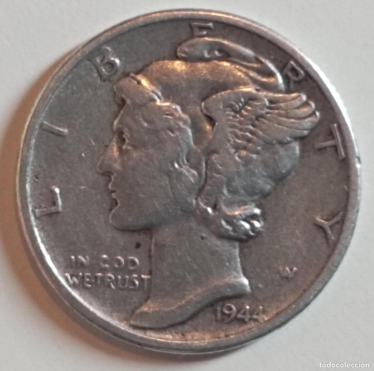 Old Coins of America: Moneda de Estados Unidos (USA) one dime &rdquo;Mercury Dime&rdquo; de 1944 de plata