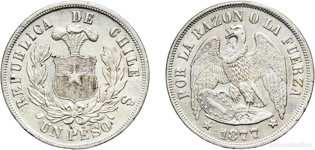 Moedas antigas da Am&eacute;rica: Chile Republic 1877 So 1 Peso Silver (.900) Santiago Mint (1930000) 24.95g AU KM 142
