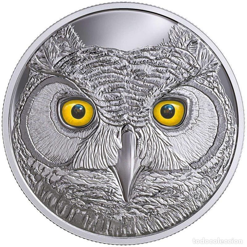 Monete antiche di America: CANADA 15 DOLLARS DE PLATA SILVER PROOF 2017 BUHO CORNUDO. OJOS QUE BRILLAN EN LA OSCURIDAD
