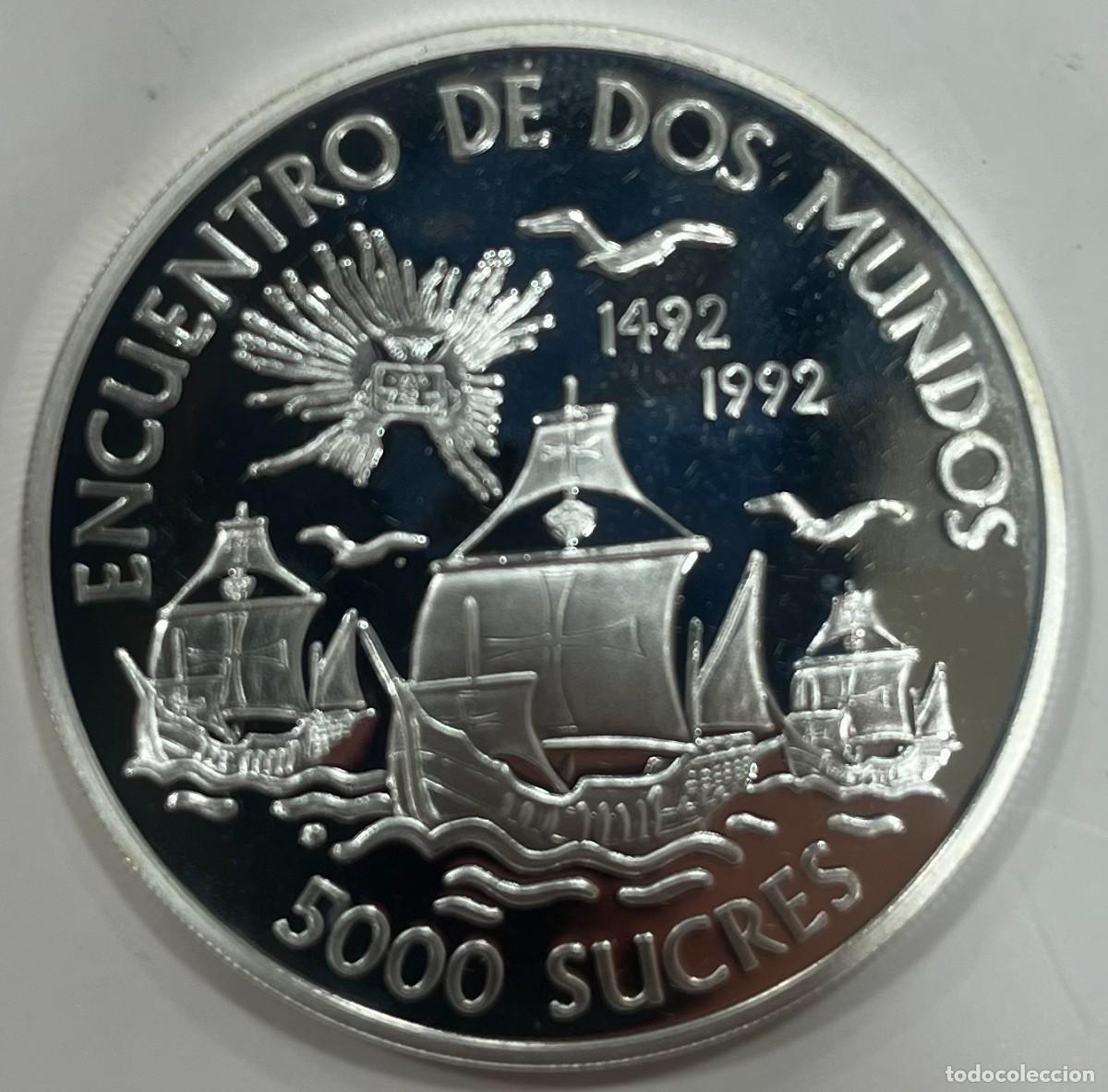 Monedas antiguas de Am&eacute;rica: ECUADOR. A&Ntilde;O 1991. 5000 SUCRES PLATA (925) I SERIE ENCUENTRO ENTRE DOS MUNDOS. PESO 27 GR