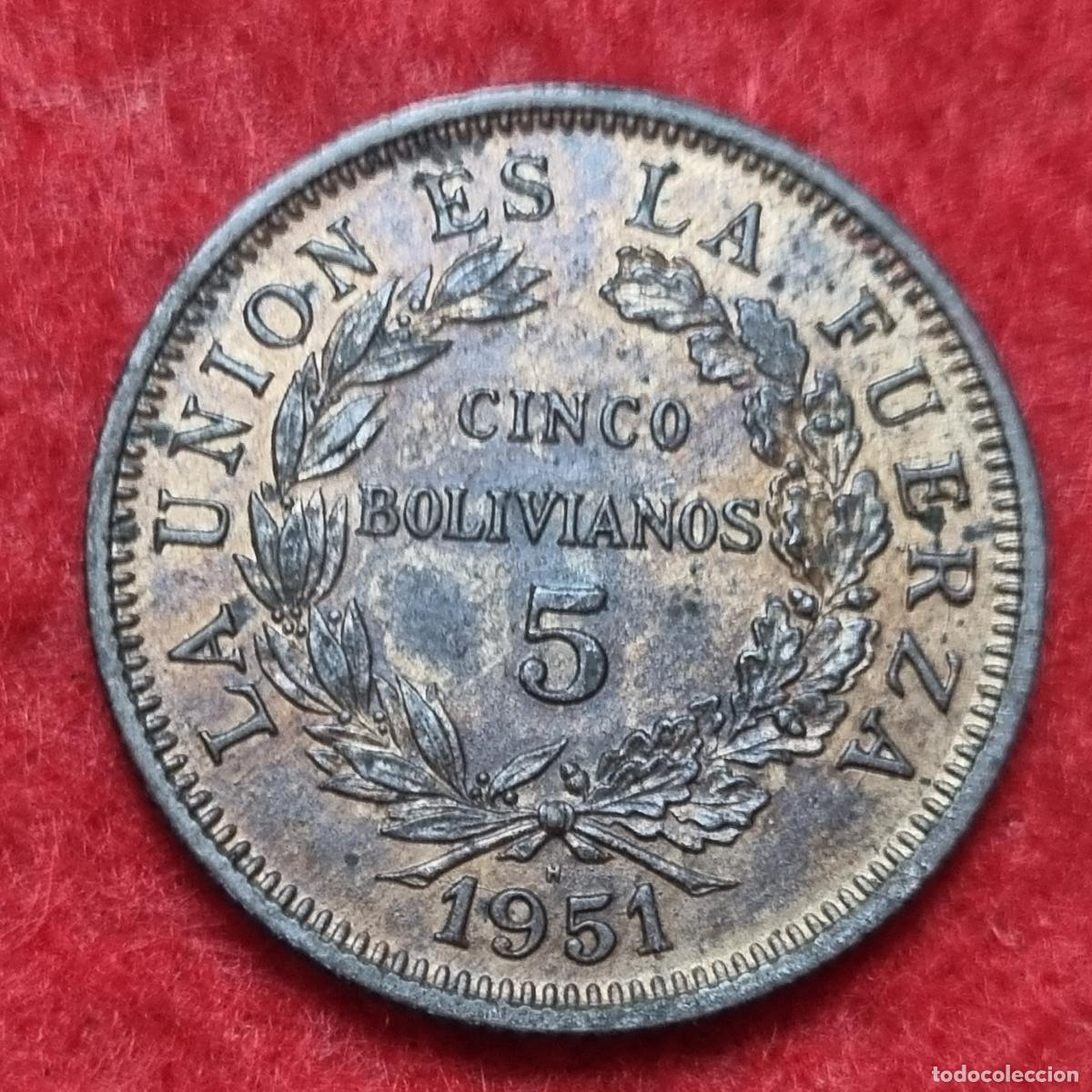 Moedas antigas da Am&eacute;rica: MONEDA BOLIVIA 5 BOLIVIANOS 1951 EBC ORIGINAL C40