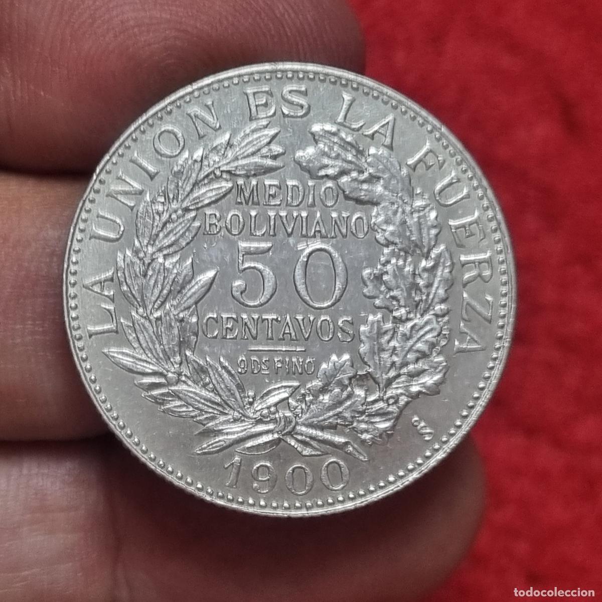 Moedas antigas da Am&eacute;rica: MONEDA BOLIVIA 50 CENTAVOS MEDIO BOLIVIANO 1900 PLATA EBC ORIGINAL C40