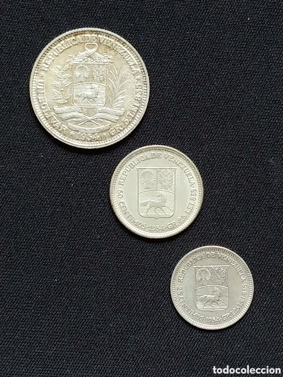 Monete antiche di America: Venezuela, lote de tres piezas 1954, plata .835 mls., S/C-